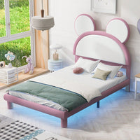 Full Size Platform Bed With LED Lights, Cartoon Ear Headboard, No Box Spring Needed, White & Pink