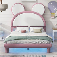 Full Size Platform Bed With LED Lights, Cartoon Ear Headboard, No Box Spring Needed, White & Pink