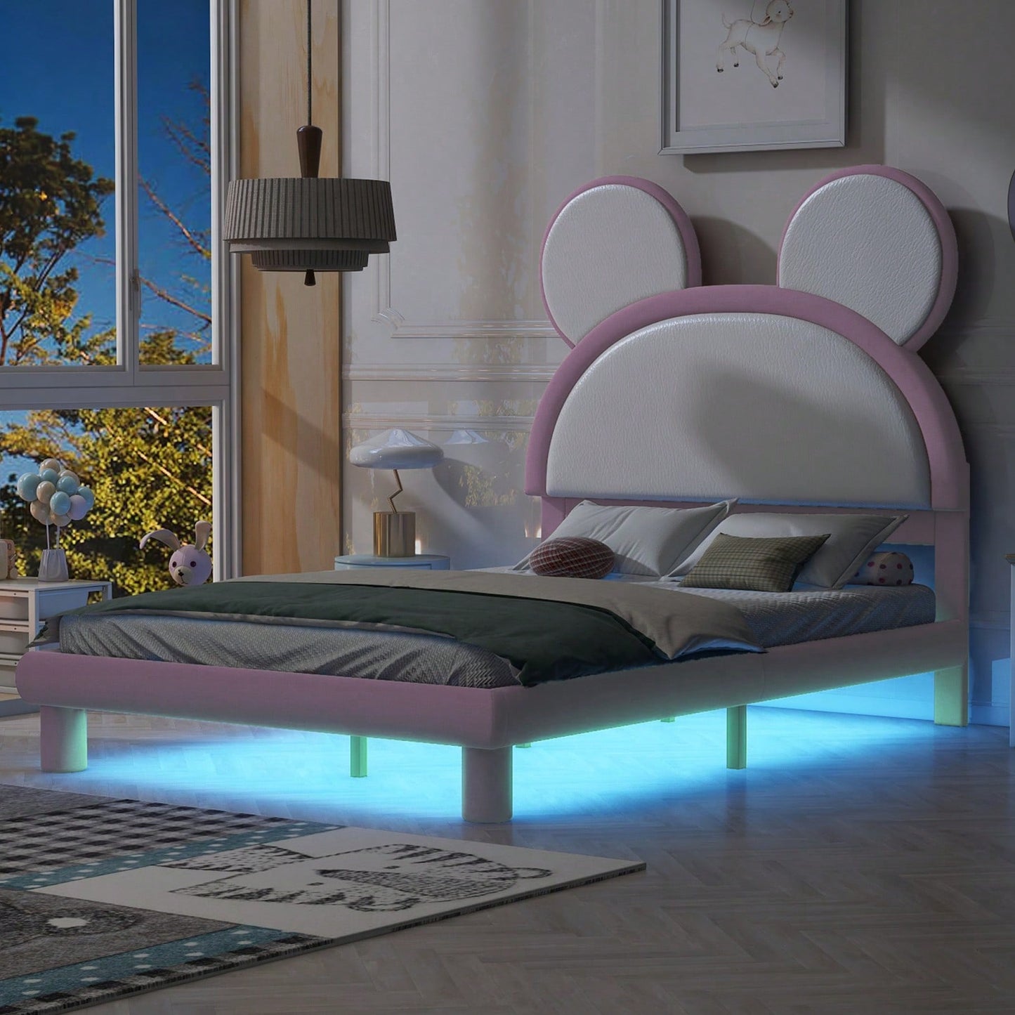 Full Size Platform Bed With LED Lights, Cartoon Ear Headboard, No Box Spring Needed, White & Pink