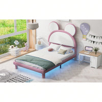 Full Size Platform Bed With LED Lights, Cartoon Ear Headboard, No Box Spring Needed, White & Pink