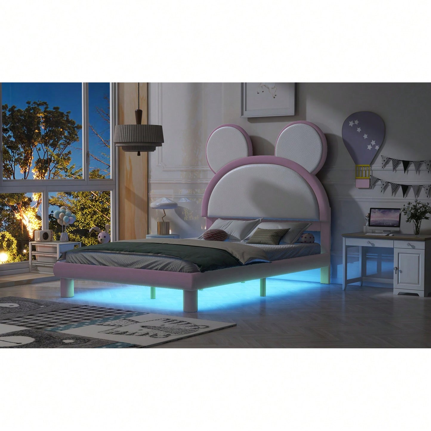 Full Size Platform Bed With LED Lights, Cartoon Ear Headboard, No Box Spring Needed, White & Pink