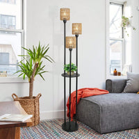 Boho Tall Floor Lamp with Shelves 3-Light Rustic Reading Lamp with Rattan Shades for Living Room Bedroom Office 67 Inches