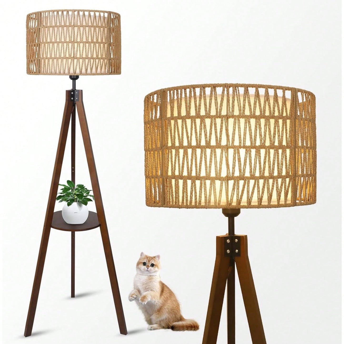 Bohemian Tripod Floor Lamp with Rattan and Fabric Shades 59 Inch Tall Modern Farmhouse Light with Shelves and Foot Switch