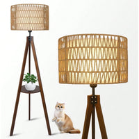 Bohemian Tripod Floor Lamp with Rattan and Fabric Shades 59 Inch Tall Modern Farmhouse Light with Shelves and Foot Switch