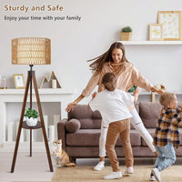 Bohemian Tripod Floor Lamp with Rattan and Fabric Shades 59 Inch Tall Modern Farmhouse Light with Shelves and Foot Switch