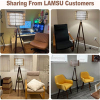 Bohemian Tripod Floor Lamp with Rattan and Fabric Shades 59 Inch Tall Modern Farmhouse Light with Shelves and Foot Switch