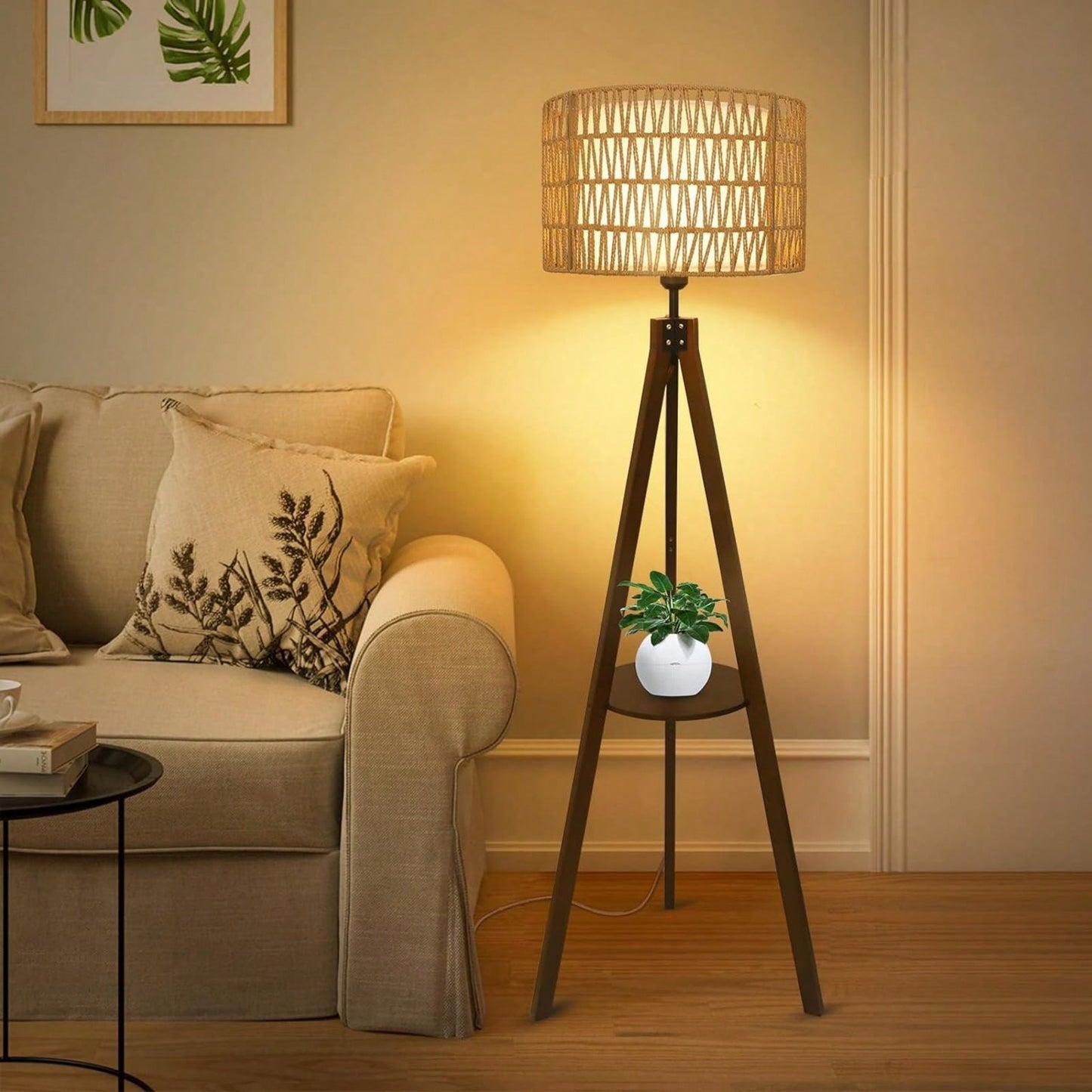 Bohemian Tripod Floor Lamp with Rattan and Fabric Shades 59 Inch Tall Modern Farmhouse Light with Shelves and Foot Switch