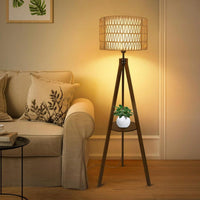 Bohemian Tripod Floor Lamp with Rattan and Fabric Shades 59 Inch Tall Modern Farmhouse Light with Shelves and Foot Switch