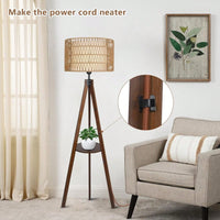 Bohemian Tripod Floor Lamp with Rattan and Fabric Shades 59 Inch Tall Modern Farmhouse Light with Shelves and Foot Switch