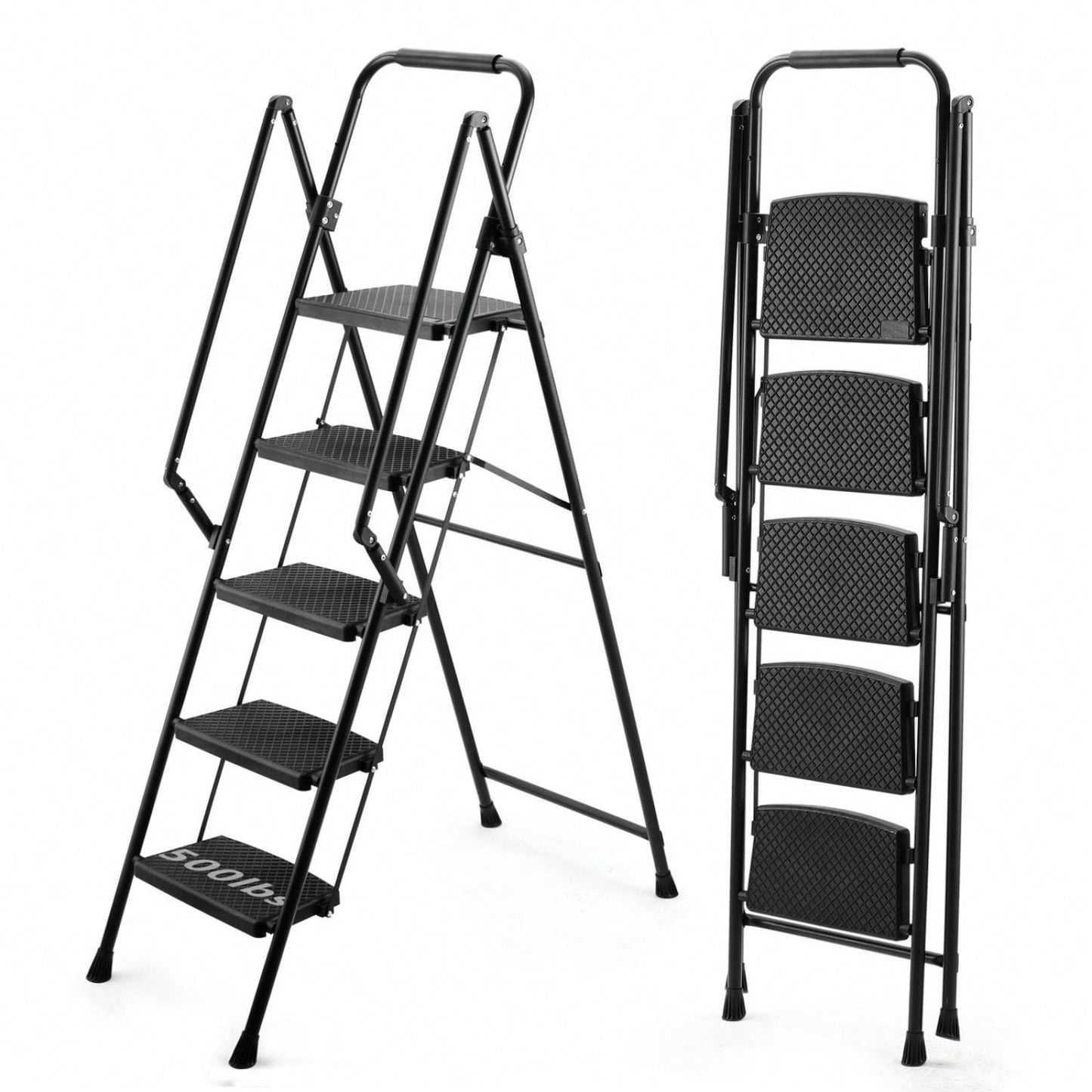 5-Step Folding Ladder Stool with Anti-Slip Wide Pedals and Safety Handle Lightweight 300 lb Capacity Portable Steel Ladder