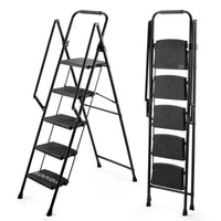 5-Step Folding Ladder Stool with Anti-Slip Wide Pedals and Safety Handle Lightweight 300 lb Capacity Portable Steel Ladder