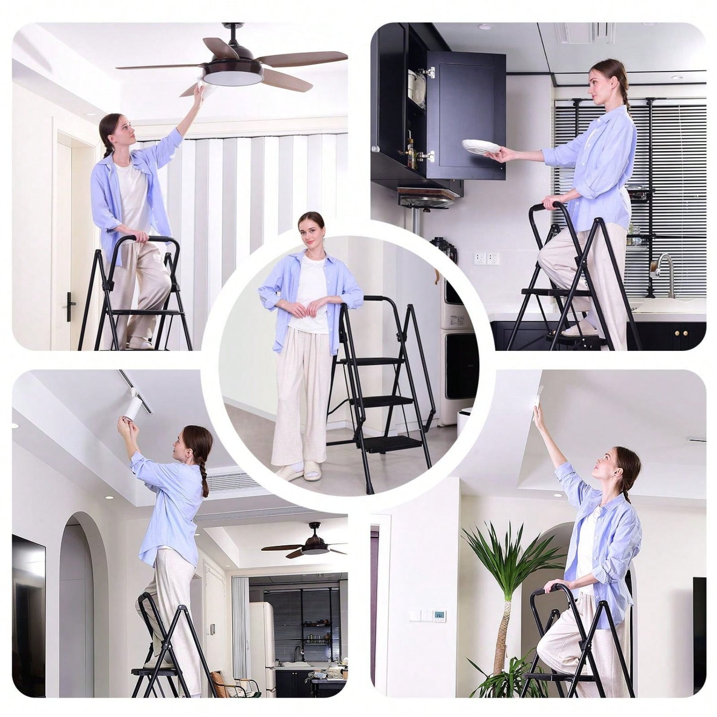 5-Step Folding Ladder Stool with Anti-Slip Wide Pedals and Safety Handle Lightweight 300 lb Capacity Portable Steel Ladder
