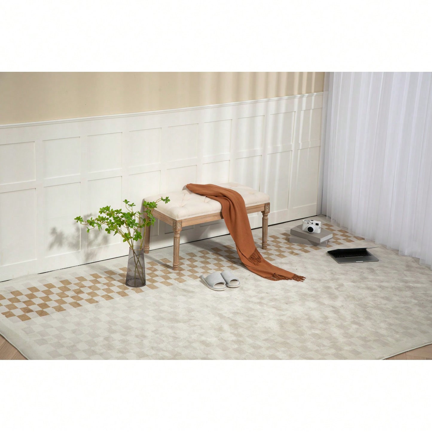32" French Vintage Bedroom Bench Upholstered Dining Benches, Fabric End Of Bed Bench For Bedroom Dining Room Living Room Entryway