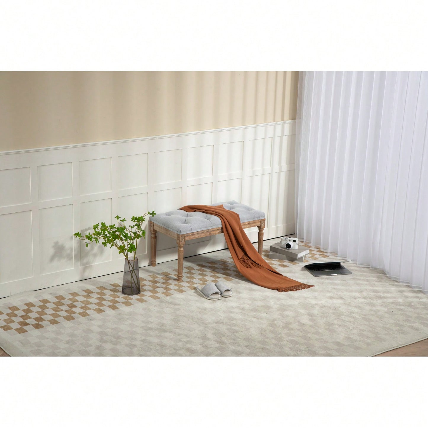32" French Vintage Bedroom Bench Upholstered Dining Benches, Fabric End Of Bed Bench For Bedroom Dining Room Living Room Entryway