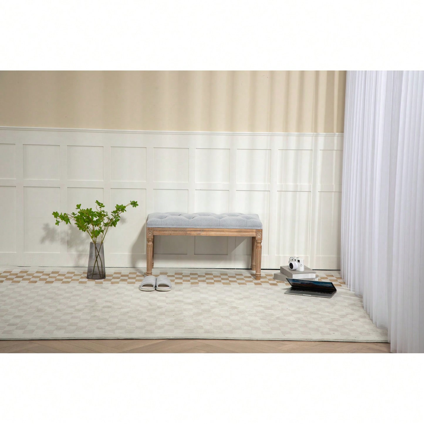 32" French Vintage Bedroom Bench Upholstered Dining Benches, Fabric End Of Bed Bench For Bedroom Dining Room Living Room Entryway