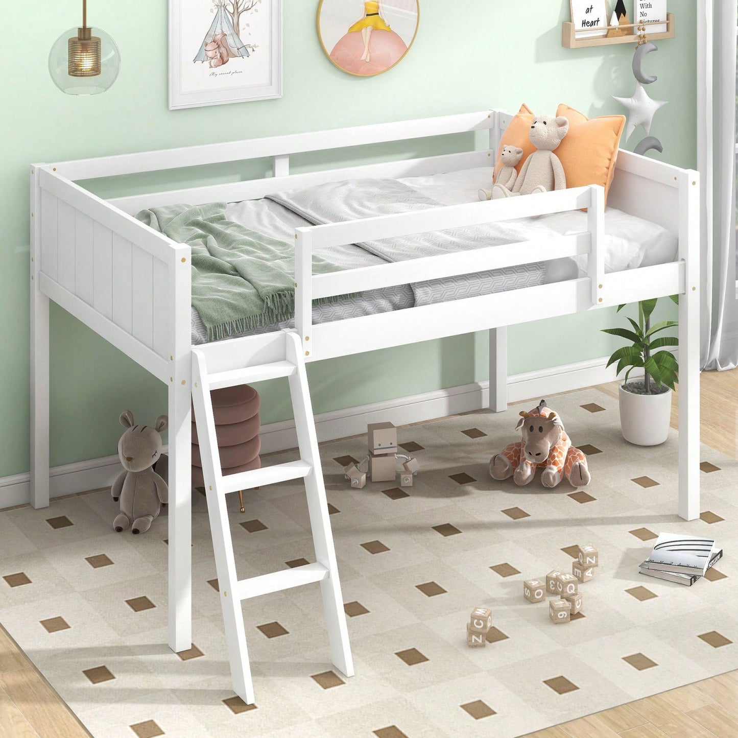 Twin Size Low Loft Bed With Reversible Ladder | Space Saving Design For Kids | Sturdy Wood Frame