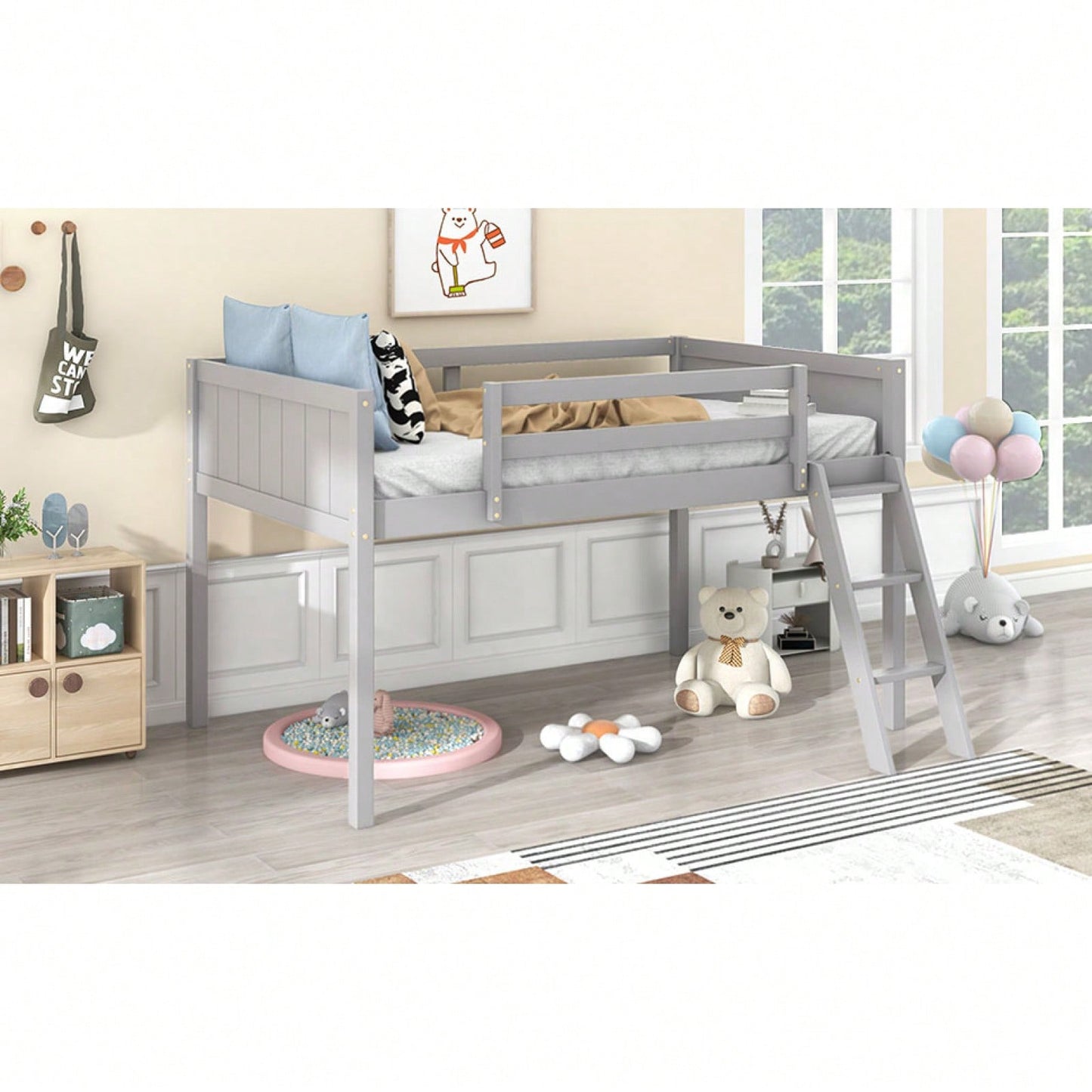 Twin Size Low Loft Bed With Reversible Ladder | Space Saving Design For Kids | Sturdy Wood Frame