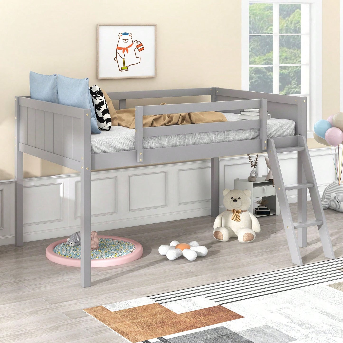 Twin Size Low Loft Bed With Reversible Ladder | Space Saving Design For Kids | Sturdy Wood Frame