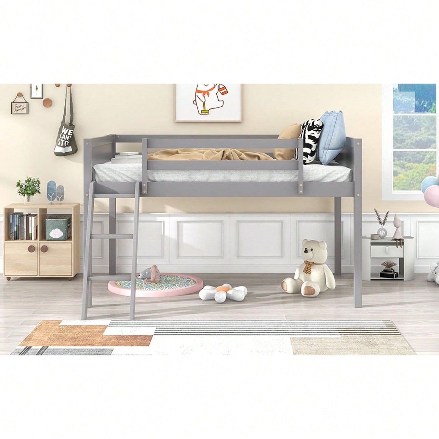 Twin Size Low Loft Bed With Reversible Ladder | Space Saving Design For Kids | Sturdy Wood Frame