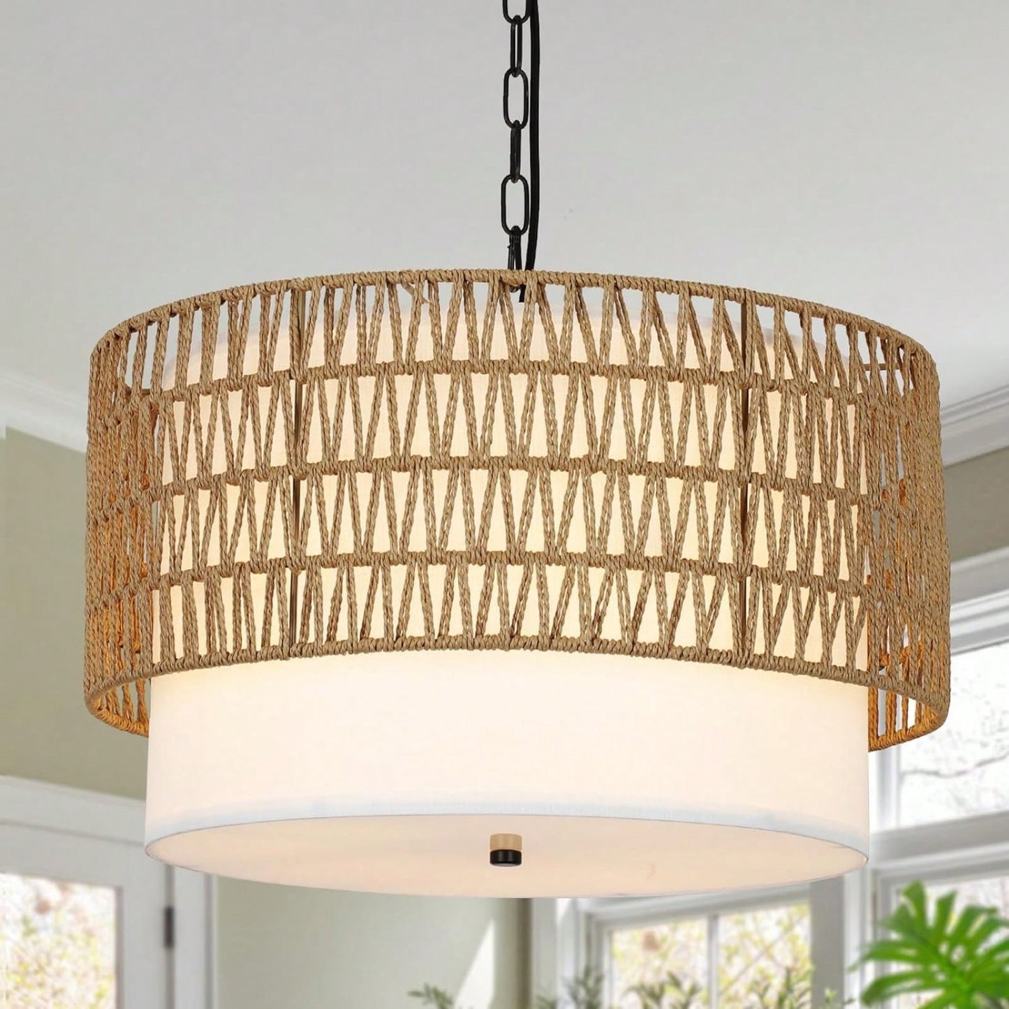 Hand Woven 5-Light Rattan Boho Chandelier with Fabric Shade for Dining Room Kitchen Bedroom Hallway