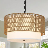 Hand Woven 5-Light Rattan Boho Chandelier with Fabric Shade for Dining Room Kitchen Bedroom Hallway