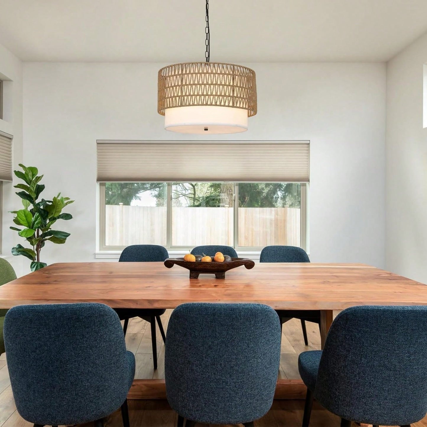 Hand Woven 5-Light Rattan Boho Chandelier with Fabric Shade for Dining Room Kitchen Bedroom Hallway