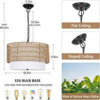 Hand Woven 5-Light Rattan Boho Chandelier with Fabric Shade for Dining Room Kitchen Bedroom Hallway