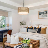 Hand Woven 5-Light Rattan Boho Chandelier with Fabric Shade for Dining Room Kitchen Bedroom Hallway