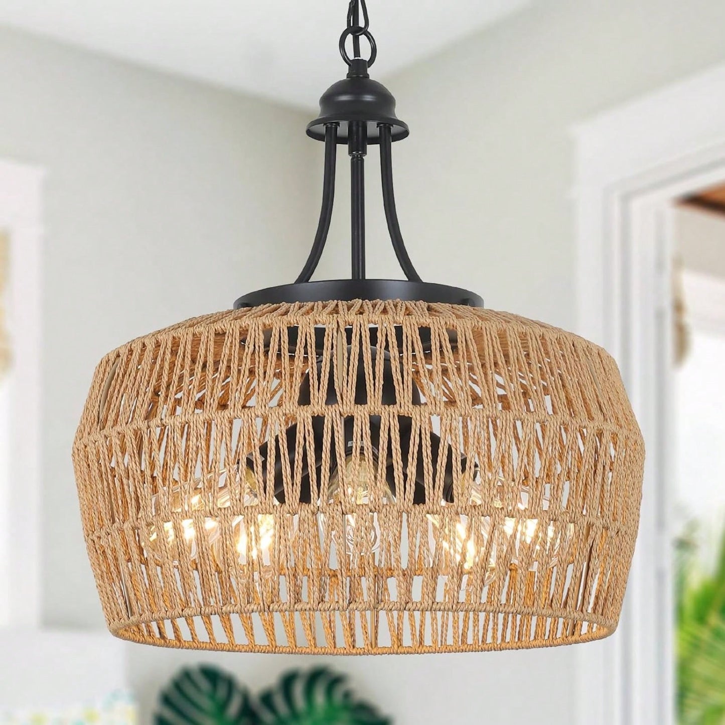 Boho 5-Light Rattan Chandelier with Wicker Shade for Kitchen Island Bedroom Living Room Nursery