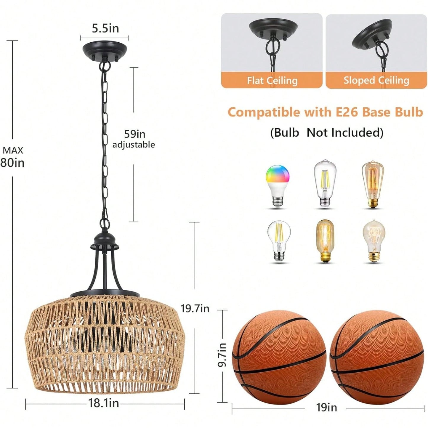 Boho 5-Light Rattan Chandelier with Wicker Shade for Kitchen Island Bedroom Living Room Nursery