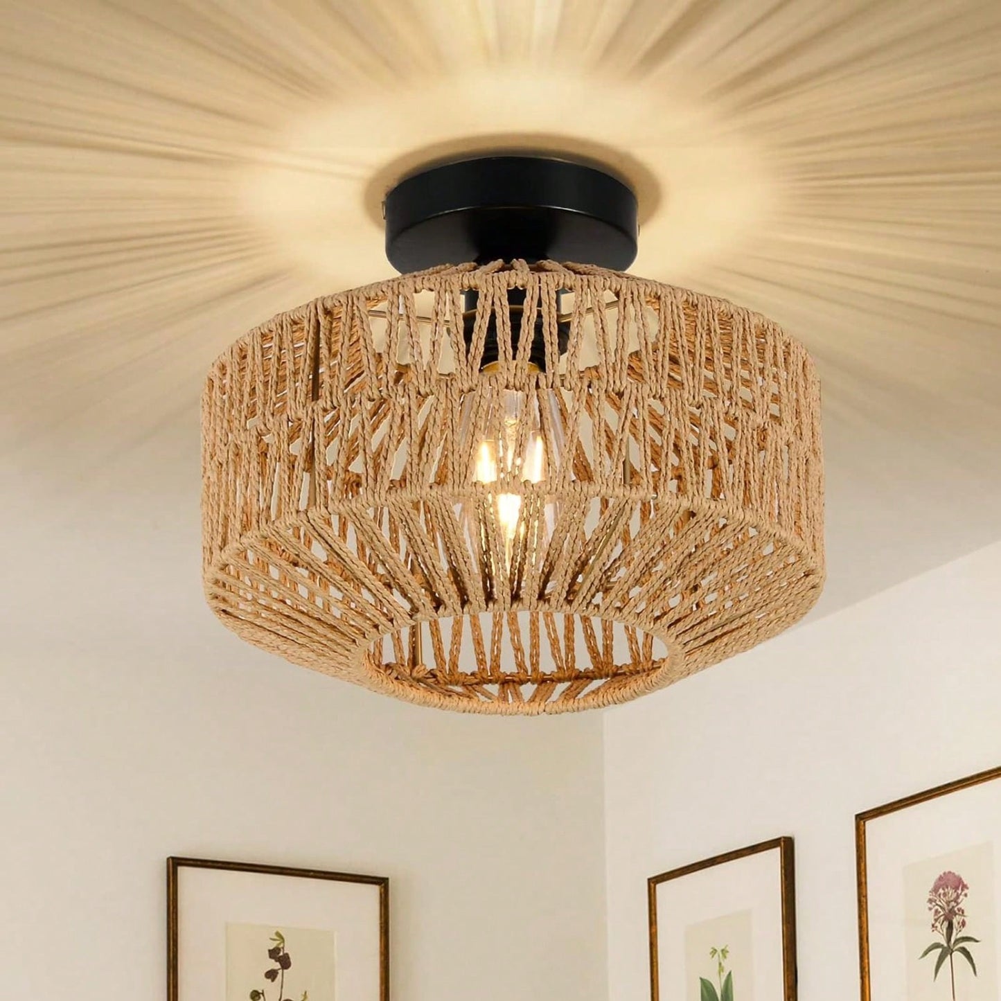 Boho Hand Woven Rattan Chandelier Dimmable LED Flush Mount Light for Hallway Bedroom Kitchen Living Room