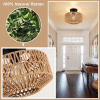 Boho Hand Woven Rattan Chandelier Dimmable LED Flush Mount Light for Hallway Bedroom Kitchen Living Room