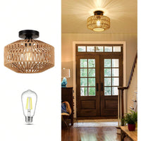 Boho Hand Woven Rattan Chandelier Dimmable LED Flush Mount Light for Hallway Bedroom Kitchen Living Room