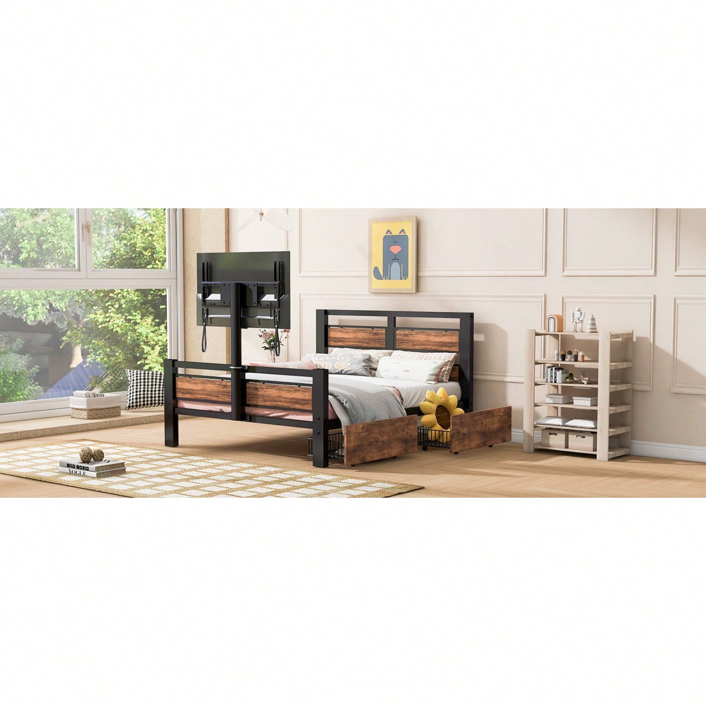 Industrial Twin Bed Frame with Storage Drawers and Rotating TV Stand Heavy Duty Metal Wood Headboard No Box Spring Needed