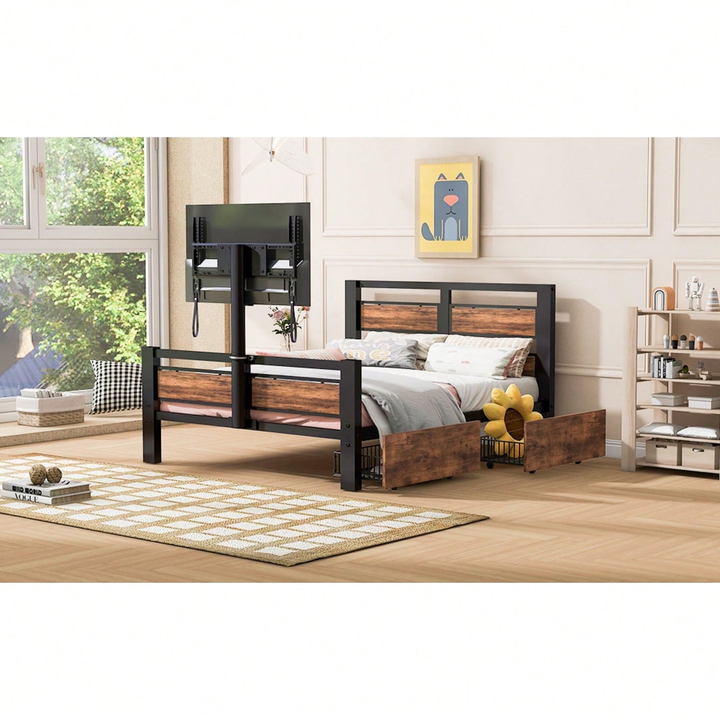 Industrial Twin Bed Frame with Storage Drawers and Rotating TV Stand Heavy Duty Metal Wood Headboard No Box Spring Needed