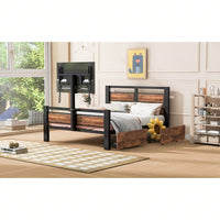 Industrial Twin Bed Frame with Storage Drawers and Rotating TV Stand Heavy Duty Metal Wood Headboard No Box Spring Needed