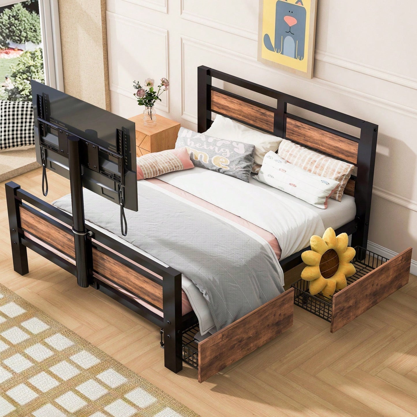 Industrial Twin Bed Frame with Storage Drawers and Rotating TV Stand Heavy Duty Metal Wood Headboard No Box Spring Needed