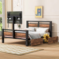 Industrial Twin Bed Frame with Storage Drawers and Rotating TV Stand Heavy Duty Metal Wood Headboard No Box Spring Needed