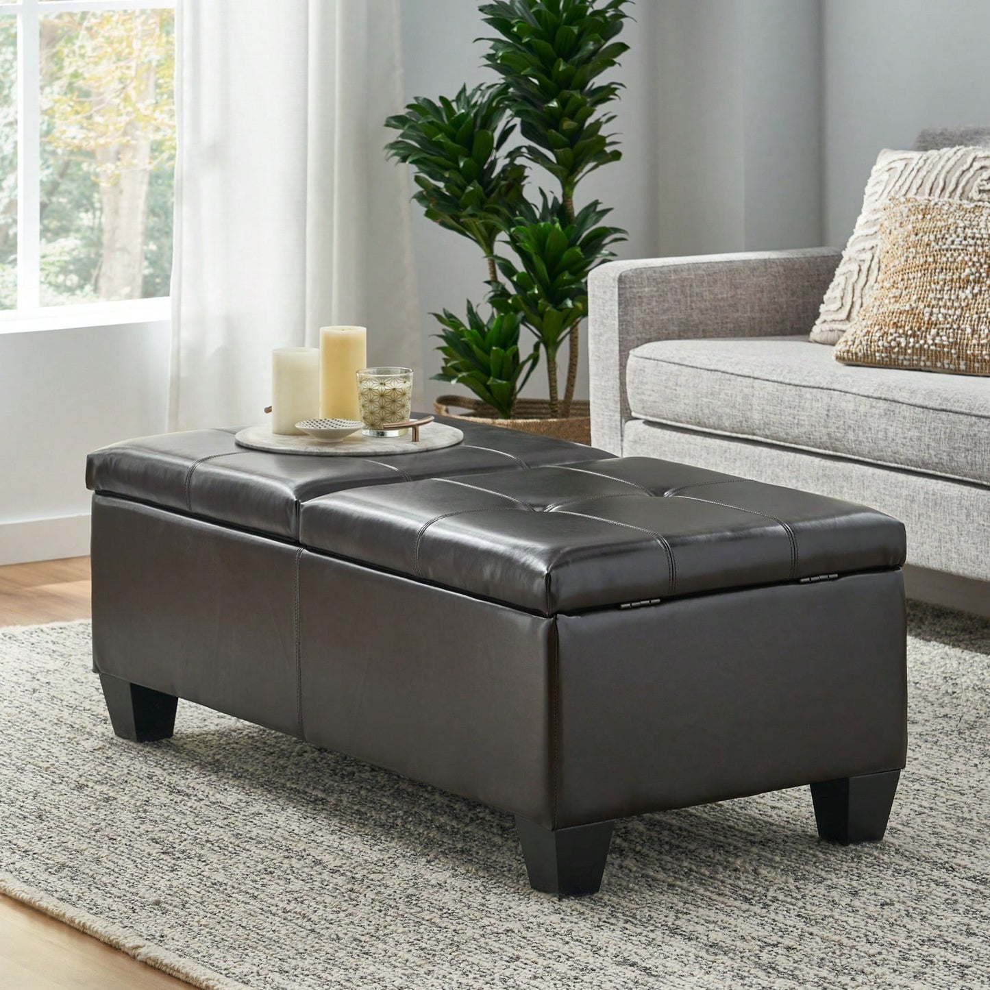 Tray Top Storage Ottoman, Soft Leather, Espresso Legs