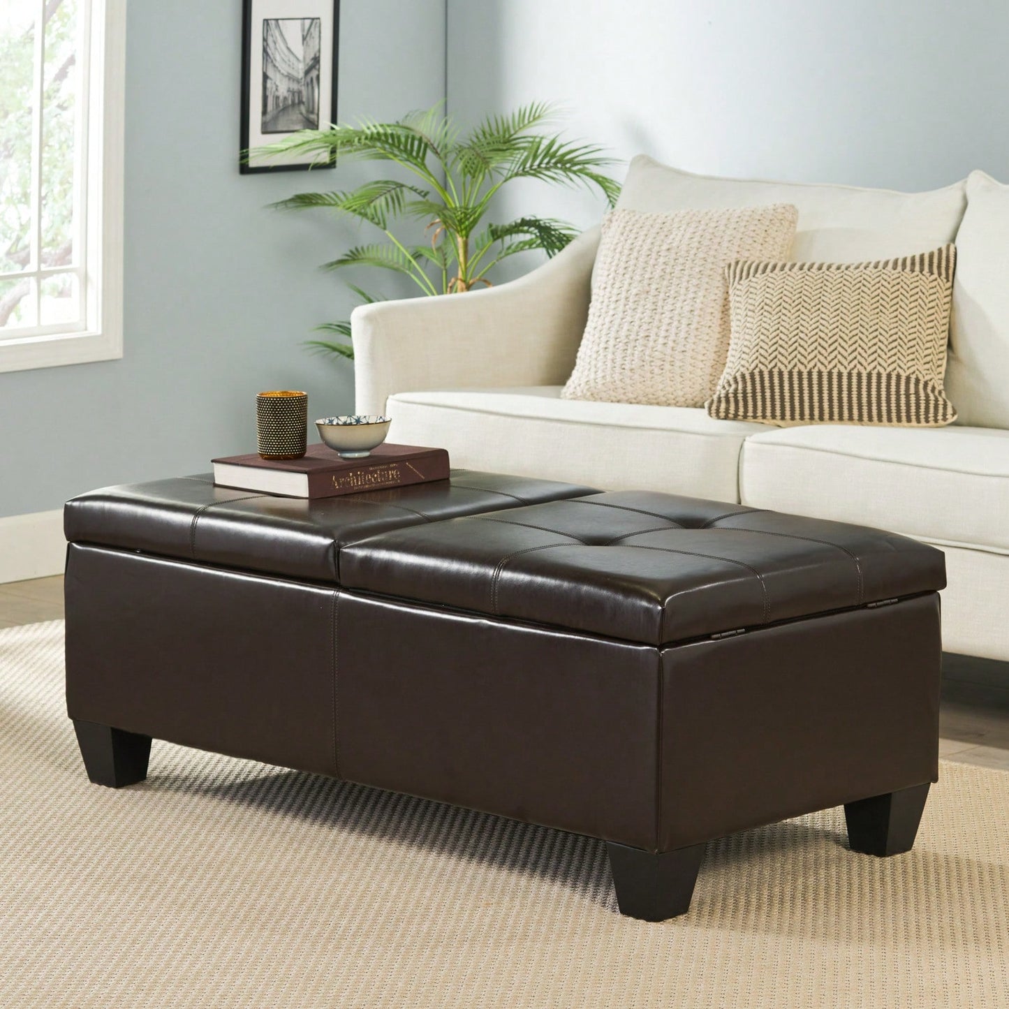 Tray Top Storage Ottoman, Soft Leather, Espresso Legs