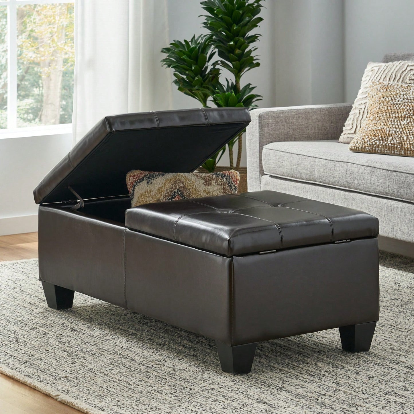 Tray Top Storage Ottoman, Soft Leather, Espresso Legs