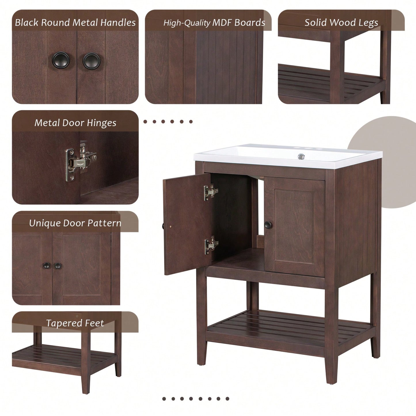 24 Inch Solid Wood Bathroom Vanity Base Freestanding Modern Design with Open Shelf and Storage Cabinet