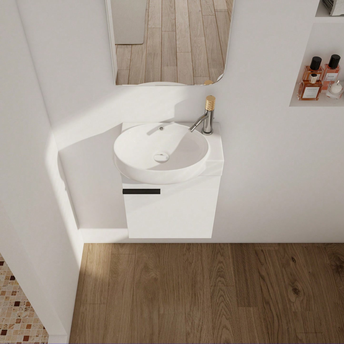 Compact 16 Inch Wall Mounted Bathroom Vanity with Soft Close Door and Ceramic Sink for Small Spaces