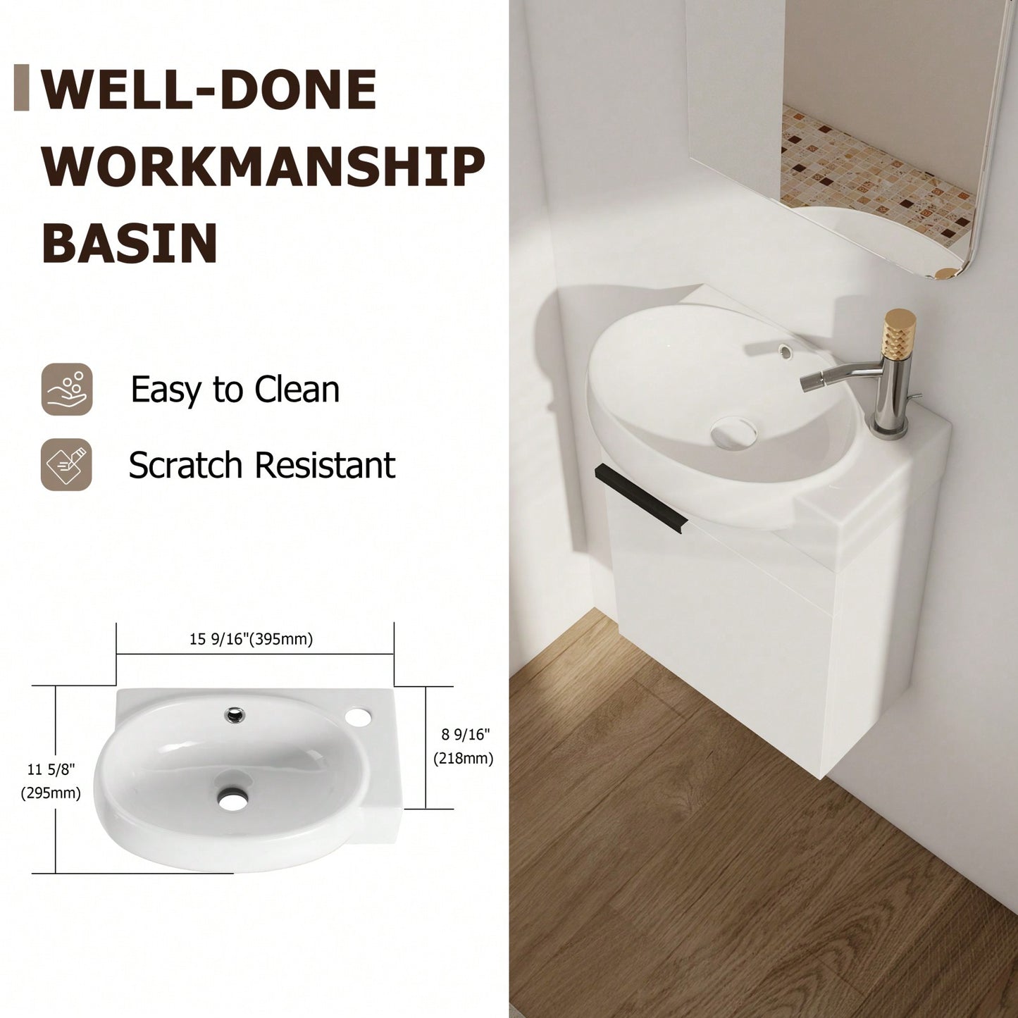 Compact 16 Inch Wall Mounted Bathroom Vanity with Soft Close Door and Ceramic Sink for Small Spaces