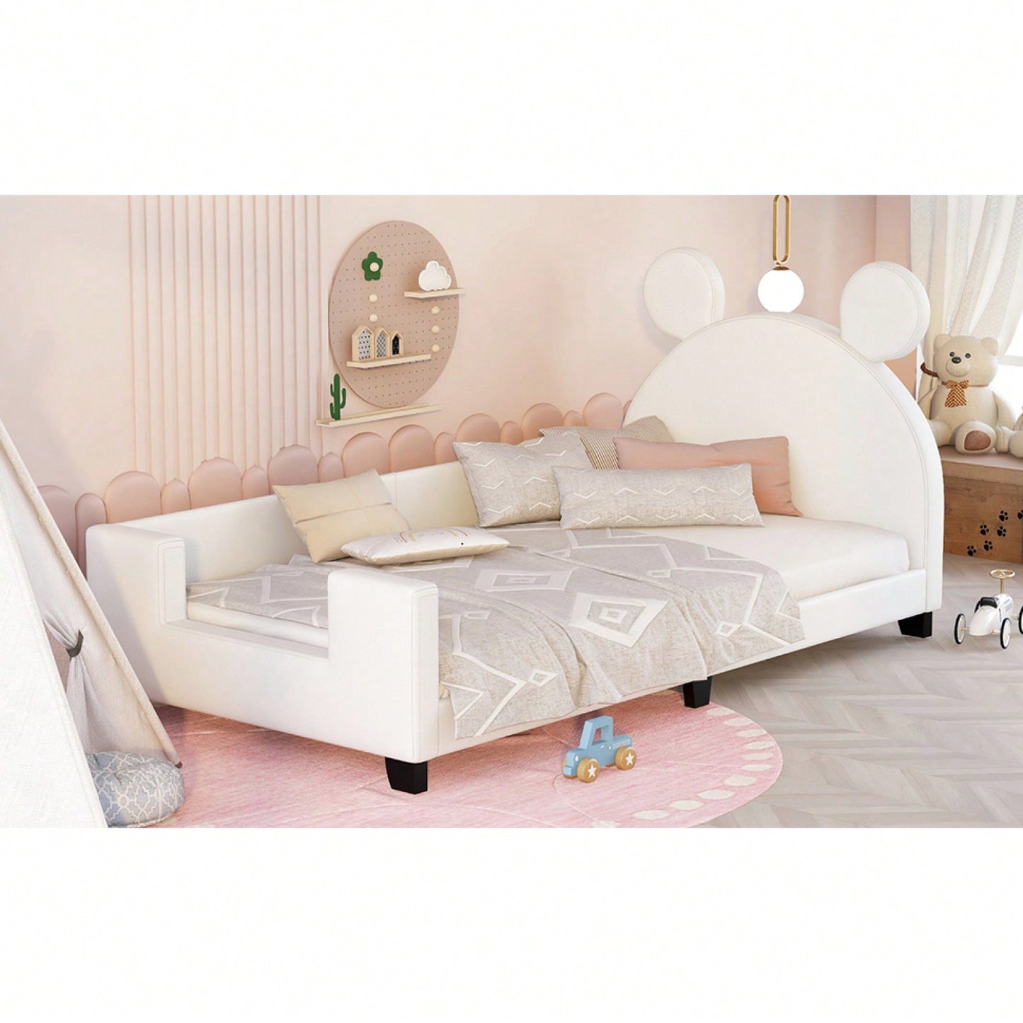 Twin Size Upholstered Daybed With Carton Ears Shaped Headboard