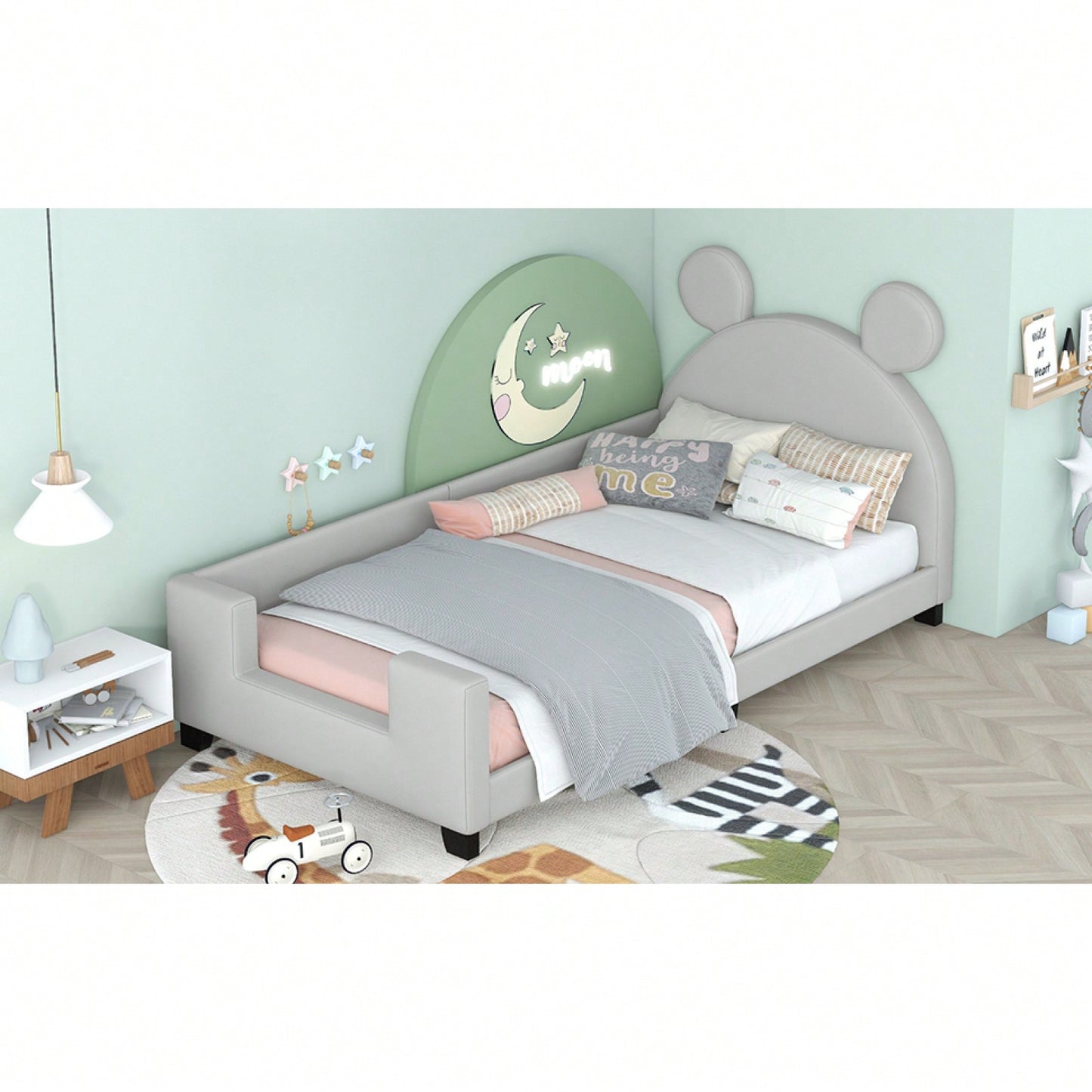 Twin Size Upholstered Daybed With Carton Ears Shaped Headboard