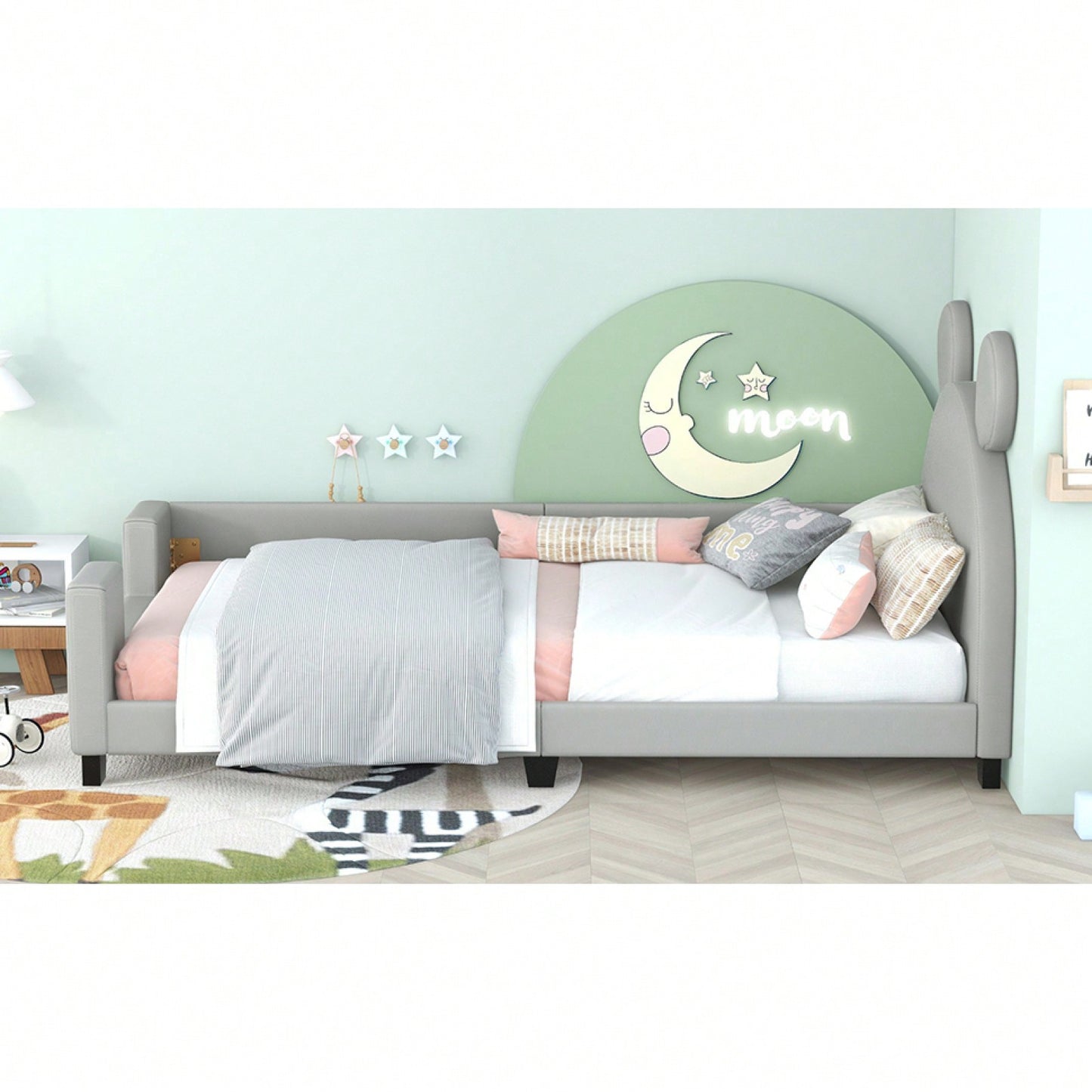 Twin Size Upholstered Daybed With Carton Ears Shaped Headboard