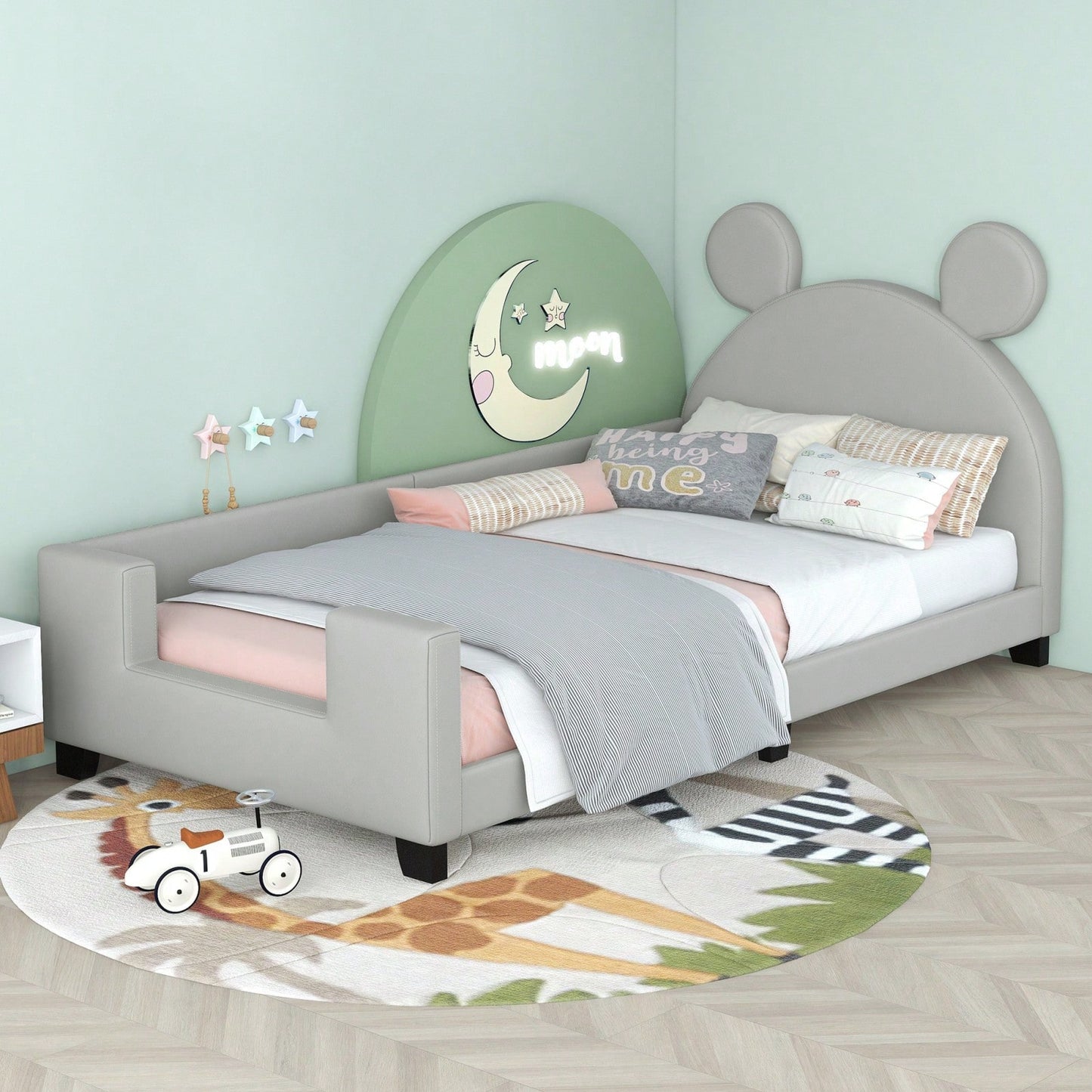 Twin Size Upholstered Daybed With Carton Ears Shaped Headboard