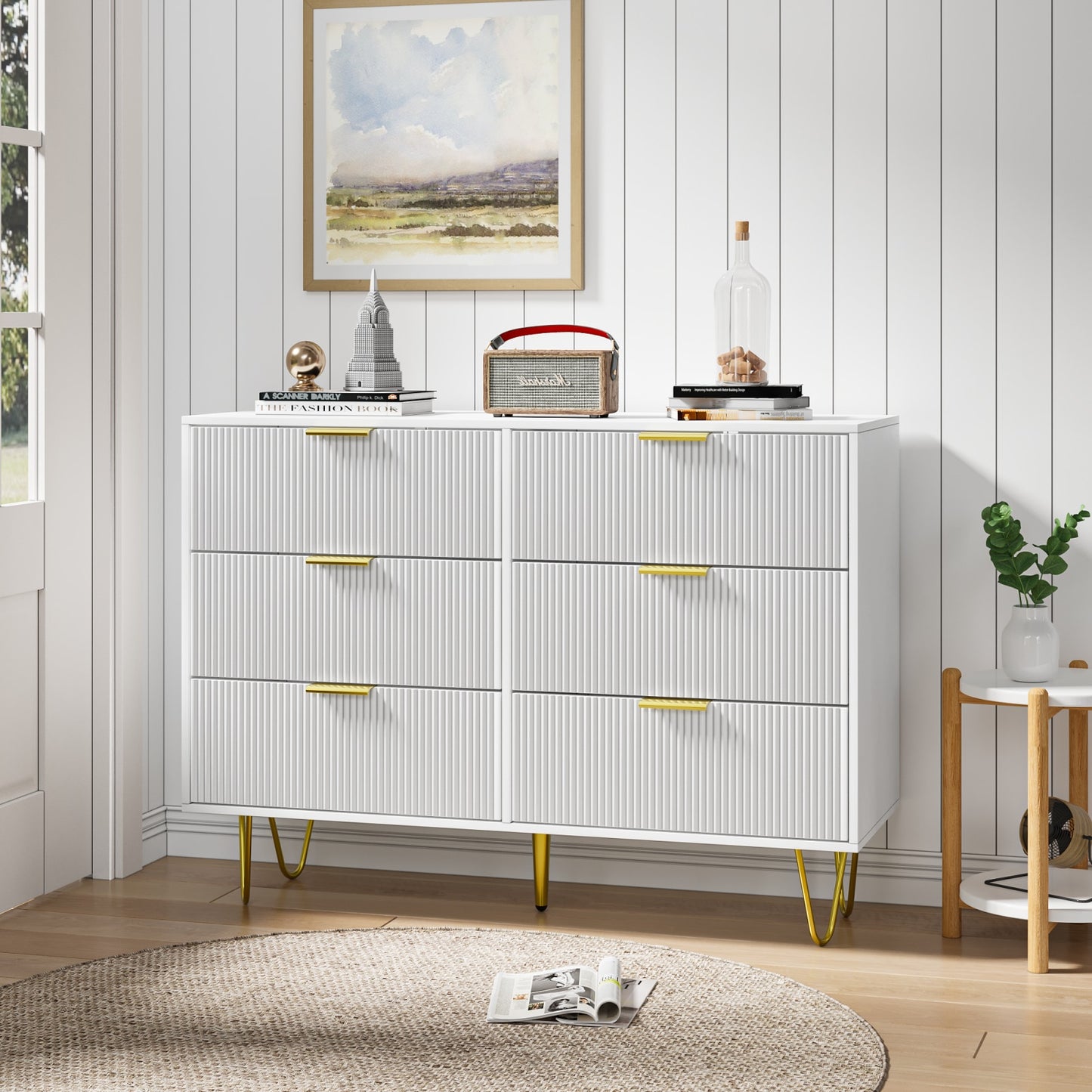 White Dresser With 6 Deep Drawers, Modern Chest Of Drawers With Gold Handles For Bedroom, Living Room, Hallway, Easy Assembly