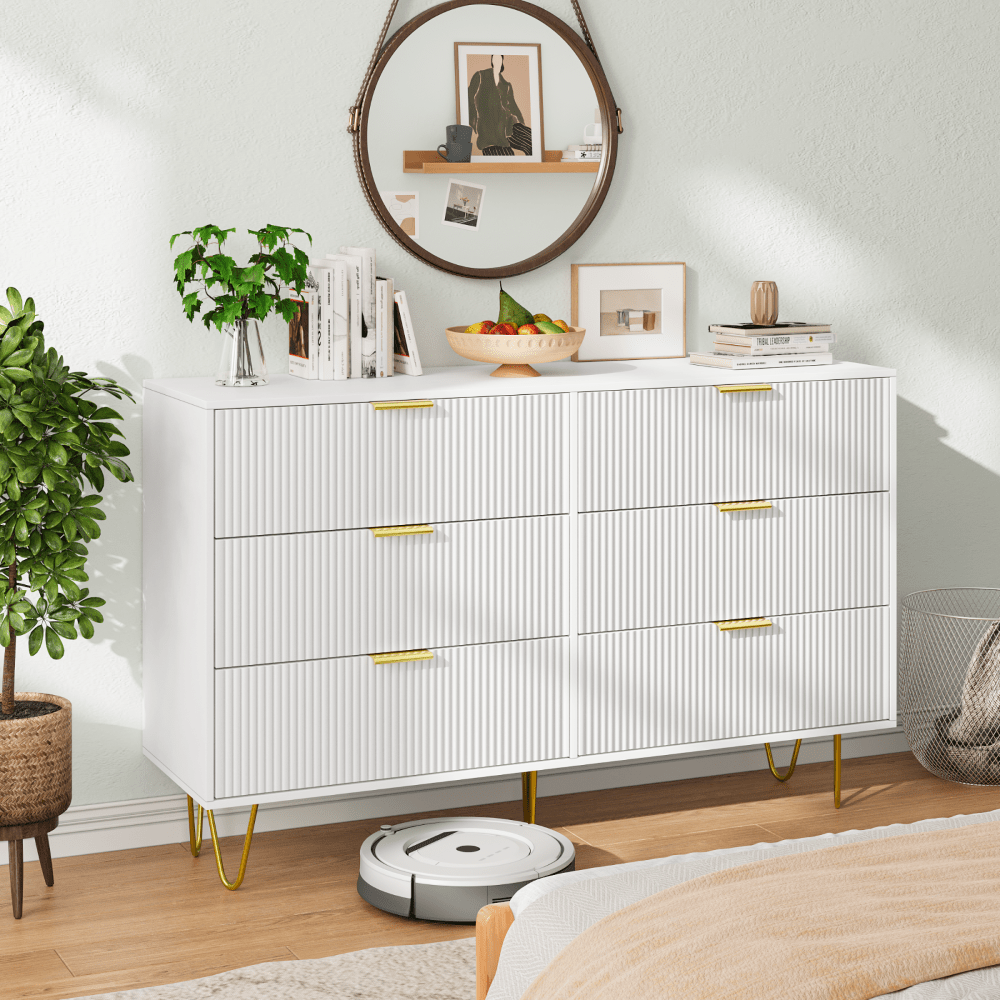 White Dresser With 6 Deep Drawers, Modern Chest Of Drawers With Gold Handles For Bedroom, Living Room, Hallway, Easy Assembly